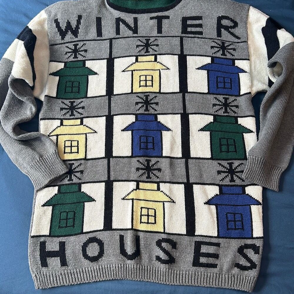 Vintage Sweater Bee Wool Blend Turtleneck Sweater Winter Houses Small